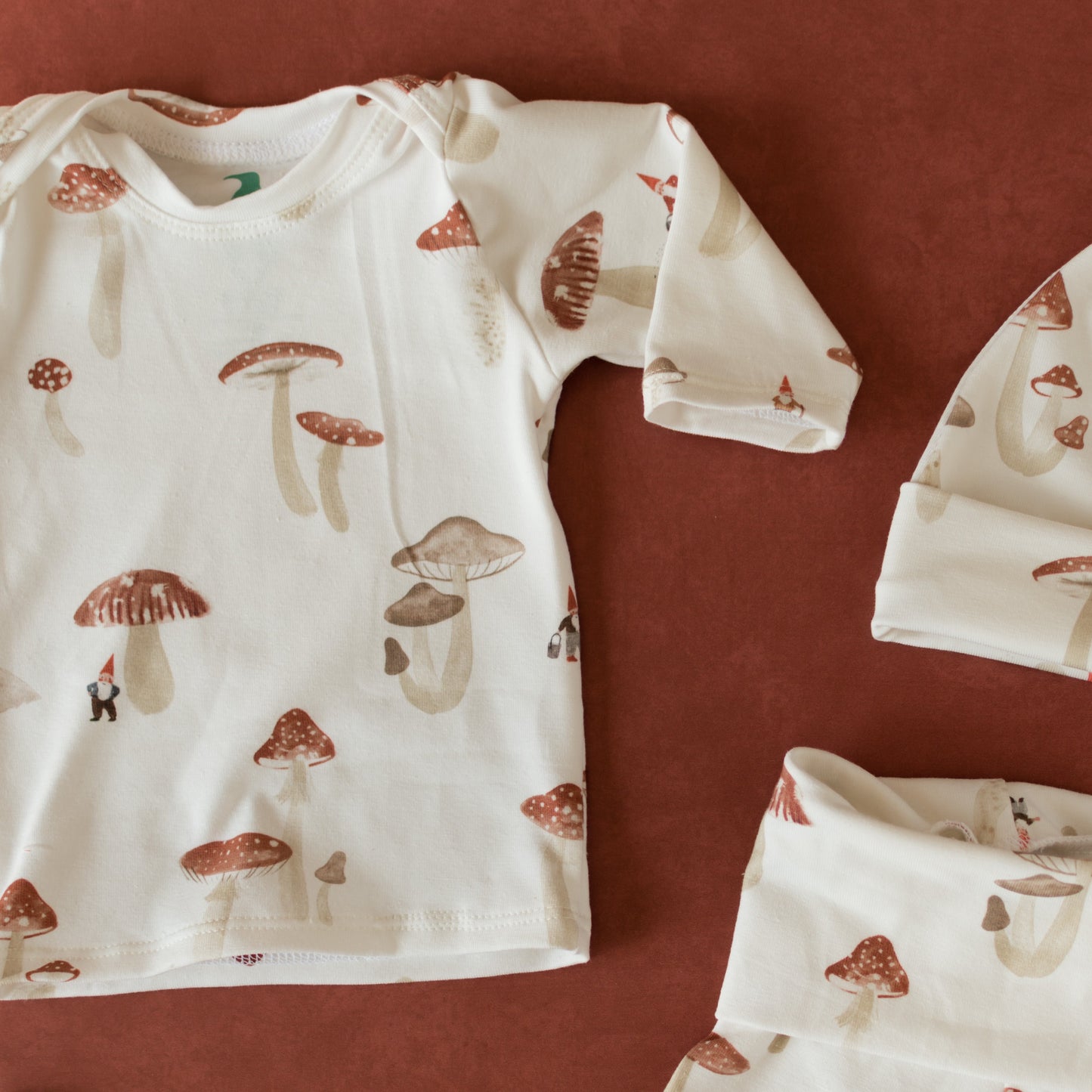 Mushroom Baby Outfit Set Pants Shirt Hat and Mittens