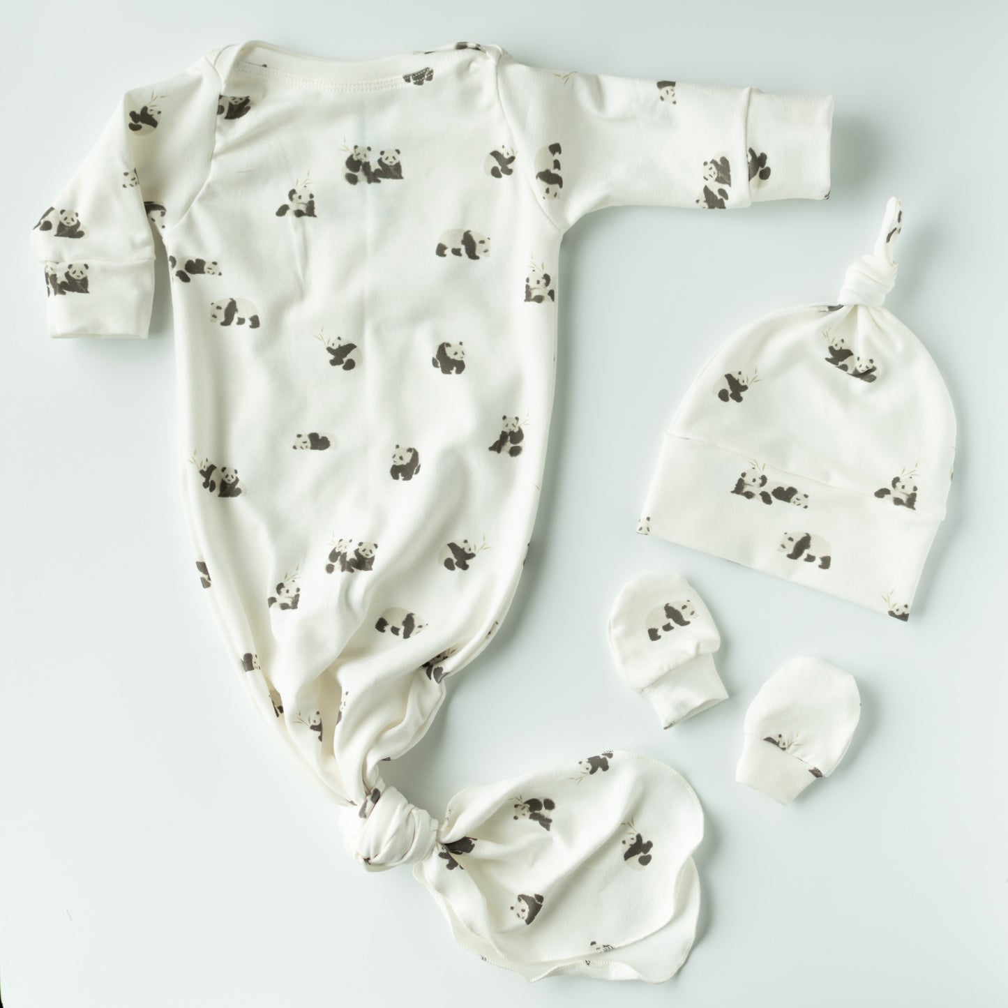 Organic Newborn Knotted Gown & Hat Set | Handmade in USA | OEKO-TEX Baby Clothing | Panda Bear Print