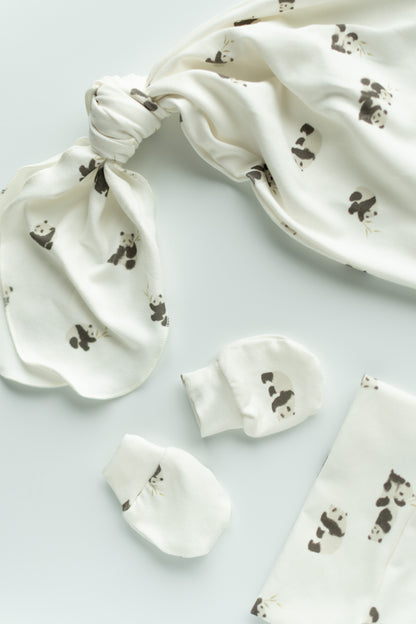 Organic Newborn Knotted Gown & Hat Set | Handmade in USA | OEKO-TEX Baby Clothing | Panda Bear Print