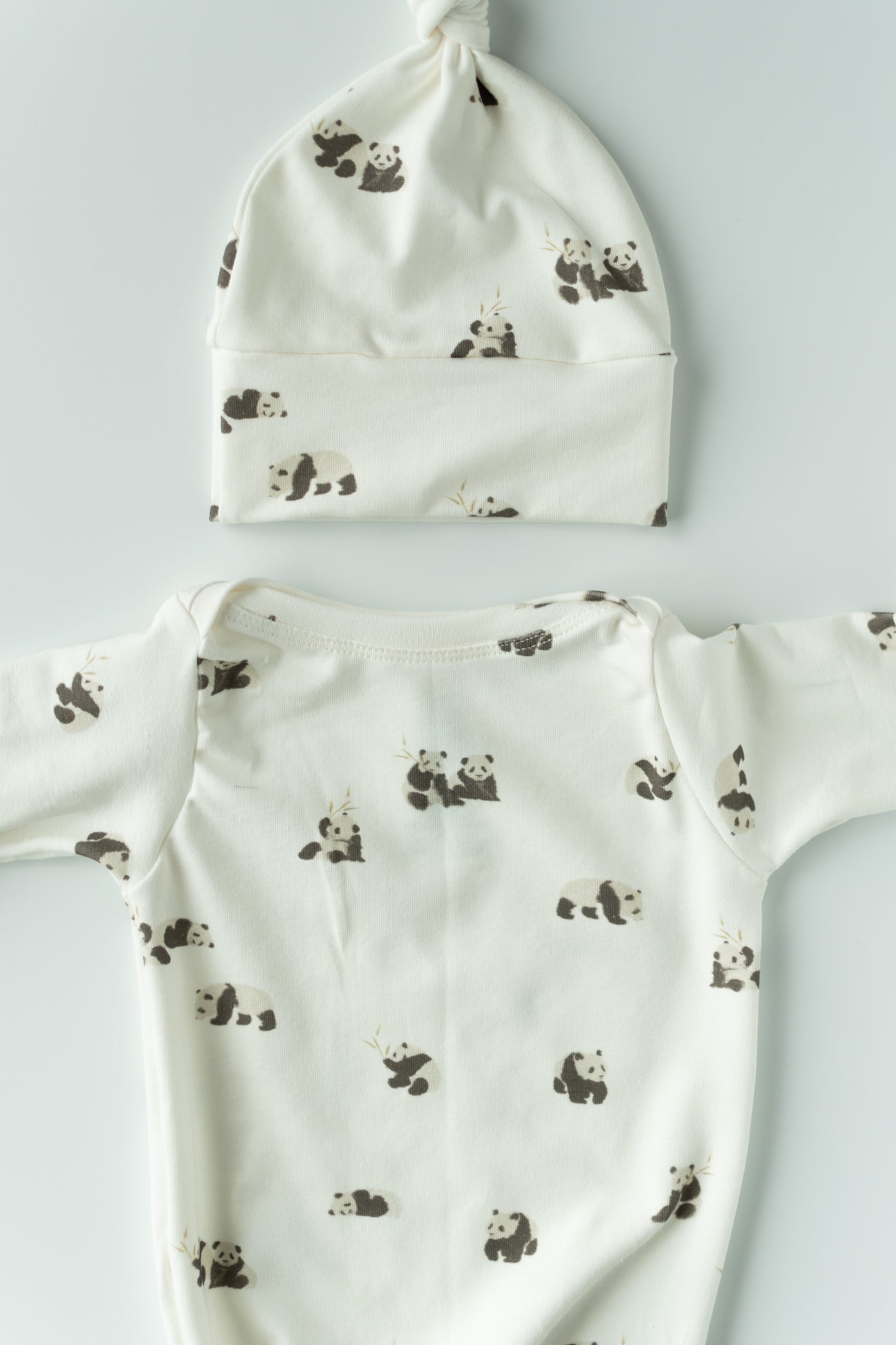 Organic Newborn Knotted Gown & Hat Set | Handmade in USA | OEKO-TEX Baby Clothing | Panda Bear Print