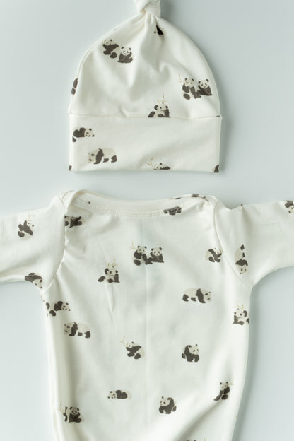 Organic Newborn Knotted Gown & Hat Set | Handmade in USA | OEKO-TEX Baby Clothing | Panda Bear Print