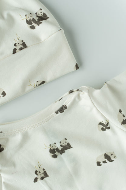 Organic Newborn Knotted Gown & Hat Set | Handmade in USA | OEKO-TEX Baby Clothing | Panda Bear Print