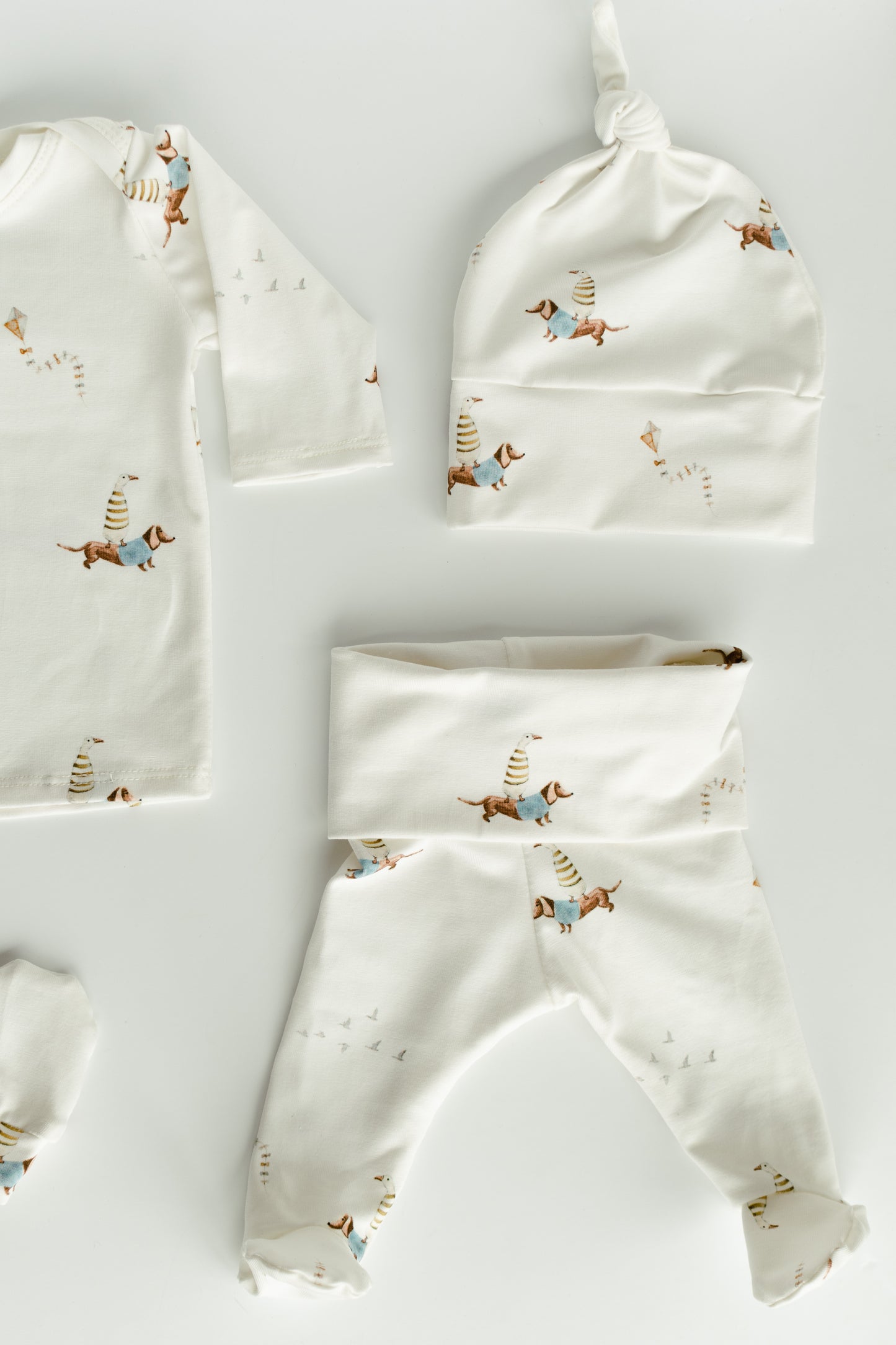 Duck Dachshund Dog Kite Baby Outfit Set Pants Shirt Hat and Mittens