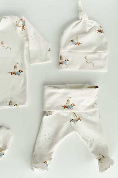 Duck Dachshund Dog Kite Baby Outfit Set Pants Shirt Hat and Mittens
