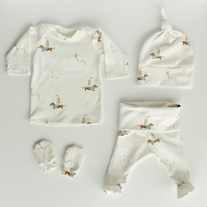 Duck Dachshund Dog Kite Baby Outfit Set Pants Shirt Hat and Mittens