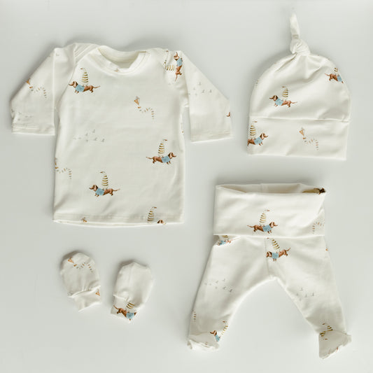 Duck Dachshund Dog Kite Baby Outfit Set Pants Shirt Hat and Mittens