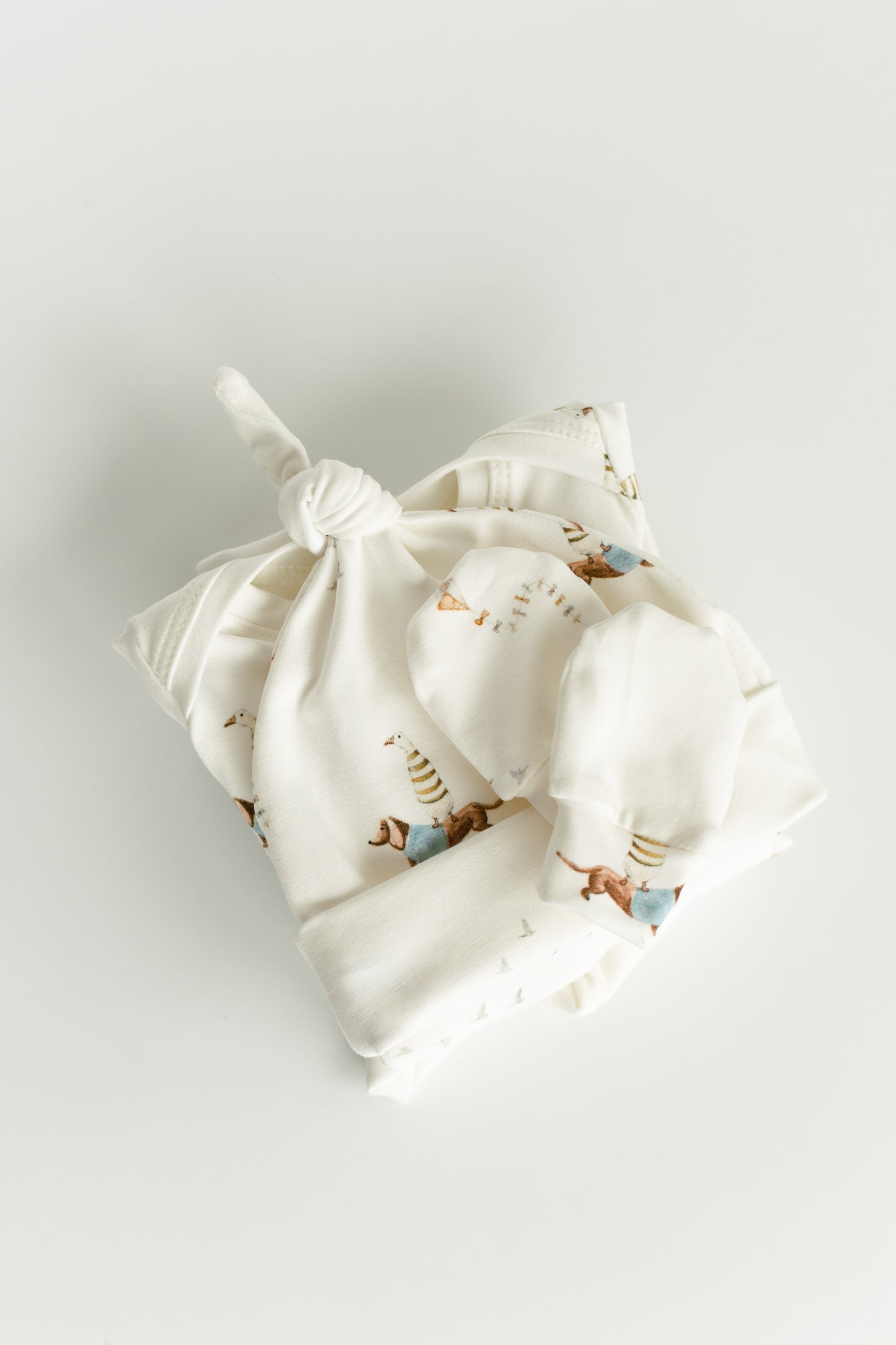 Organic Newborn Knotted Gown & Hat Set | Handmade in USA | OEKO-TEX Baby Clothing | Duck Dachshund Print