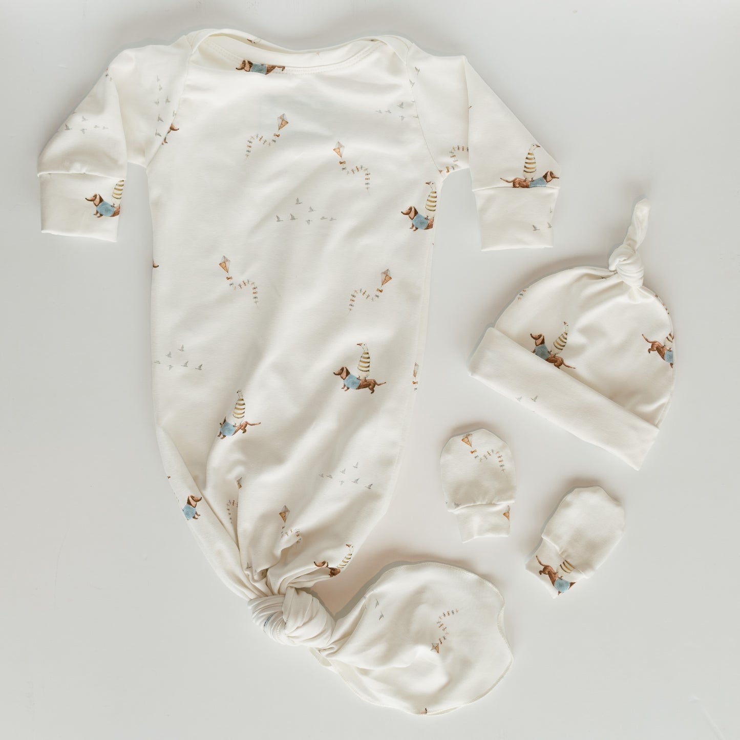 Organic Newborn Knotted Gown & Hat Set | Handmade in USA | OEKO-TEX Baby Clothing | Duck Dachshund Print