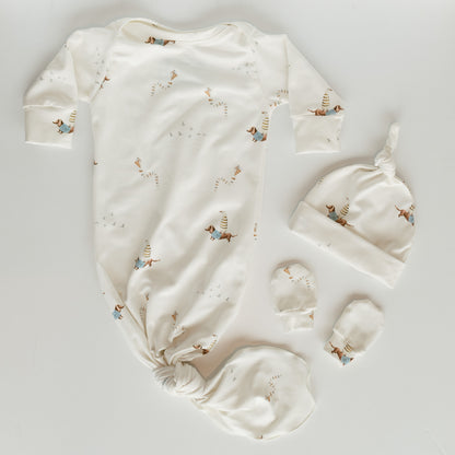 Organic Newborn Knotted Gown & Hat Set | Handmade in USA | OEKO-TEX Baby Clothing | Duck Dachshund Print