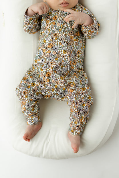 Organic Baby Zip Romper | Long Sleeve One Piece | Handmade in USA | Purple Flower Print