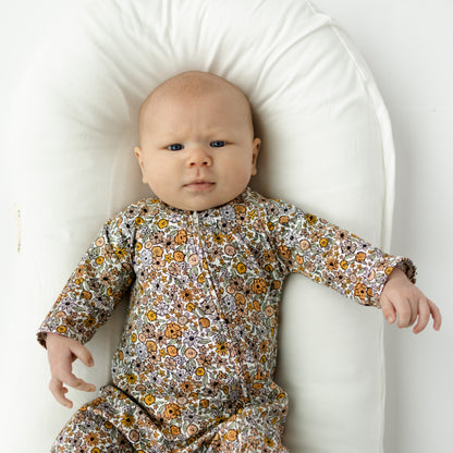 Organic Baby Zip Romper | Long Sleeve One Piece | Handmade in USA | Purple Flower Print