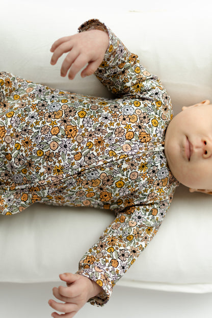 Organic Baby Zip Romper | Long Sleeve One Piece | Handmade in USA | Purple Flower Print