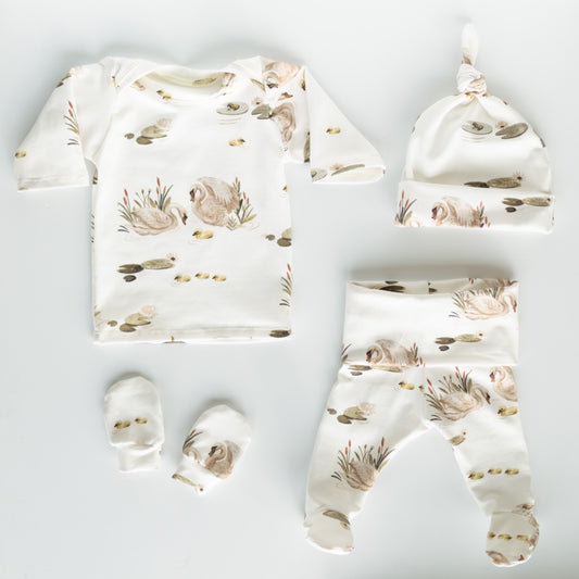 Swan Baby Outfit Set Pants Shirt Hat and Mittens