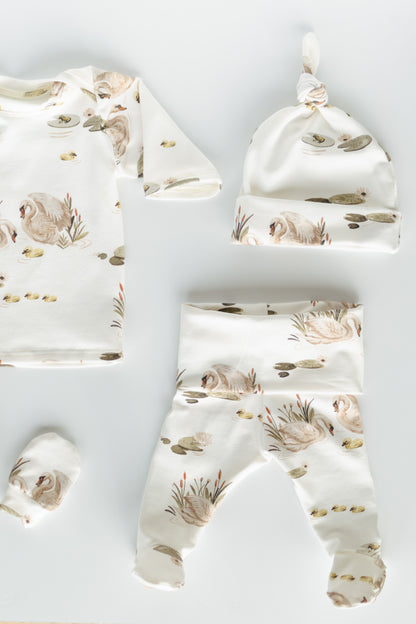 Swan Baby Outfit Set Pants Shirt Hat and Mittens