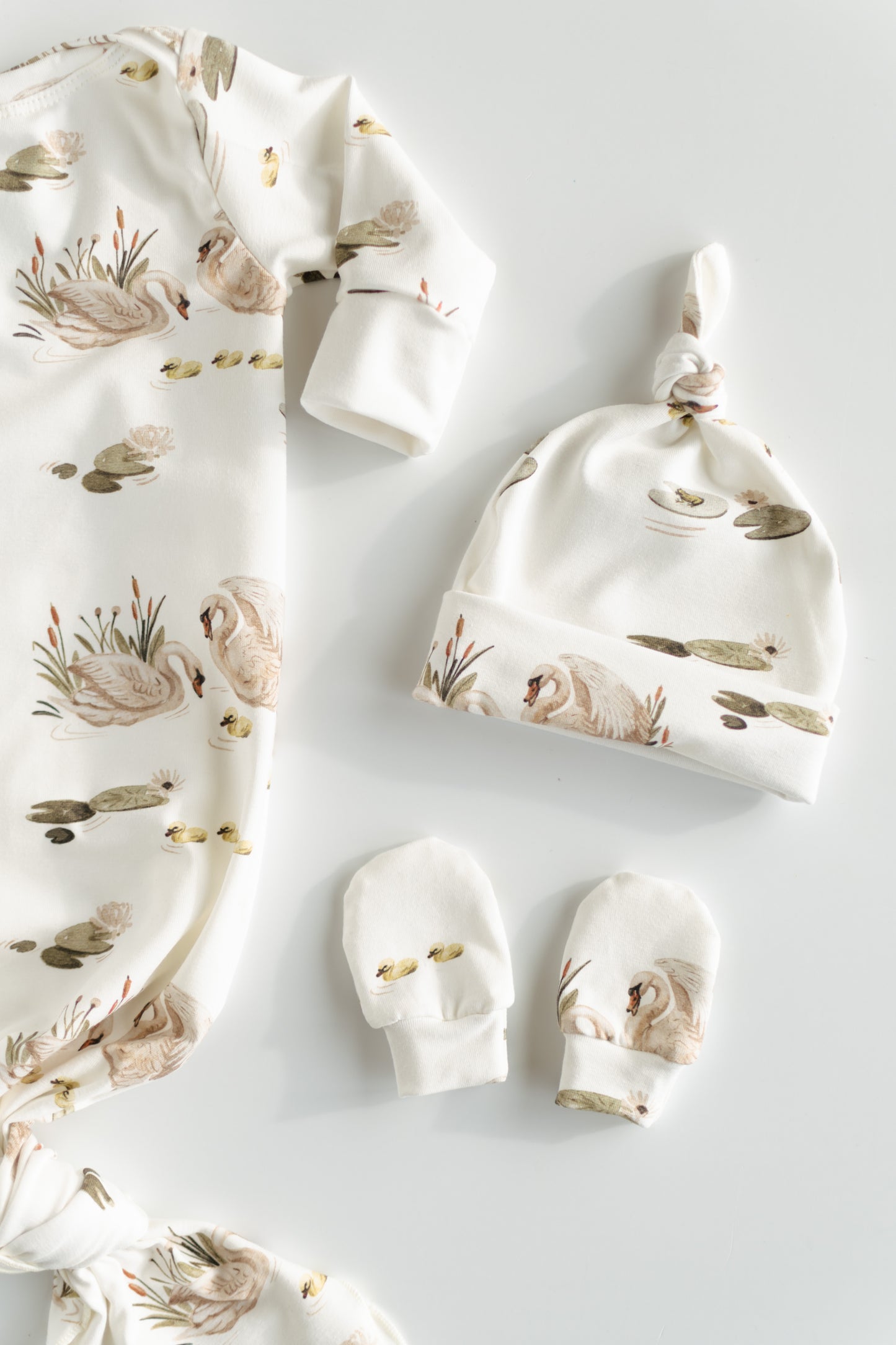 Organic Newborn Knotted Gown & Hat Set | Handmade in USA | OEKO-TEX Baby Clothing | Swan Print