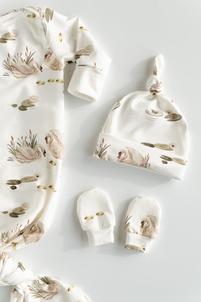 Organic Newborn Knotted Gown & Hat Set | Handmade in USA | OEKO-TEX Baby Clothing | Swan Print