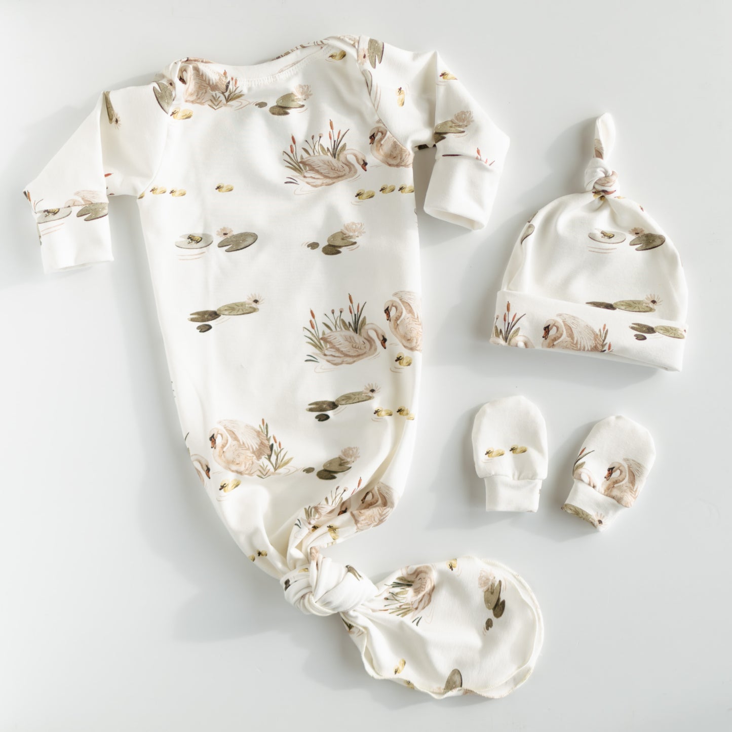 Organic Newborn Knotted Gown & Hat Set | Handmade in USA | OEKO-TEX Baby Clothing | Swan Print