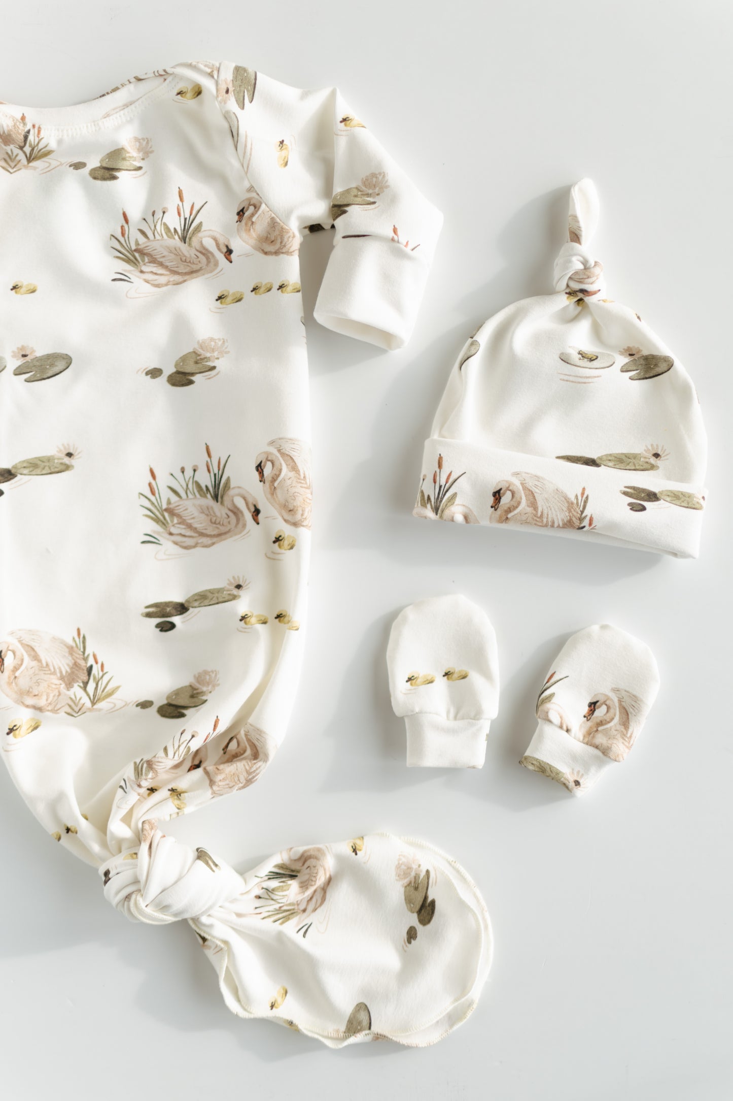 Organic Newborn Knotted Gown & Hat Set | Handmade in USA | OEKO-TEX Baby Clothing | Swan Print