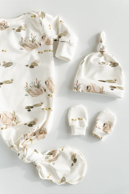 Organic Newborn Knotted Gown & Hat Set | Handmade in USA | OEKO-TEX Baby Clothing | Swan Print