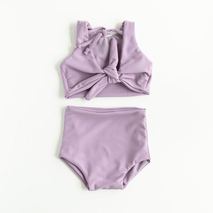 Girls Two-Piece Swimsuit | High Waist Bottoms & Long Top | Handmade in USA | Lilac Purple