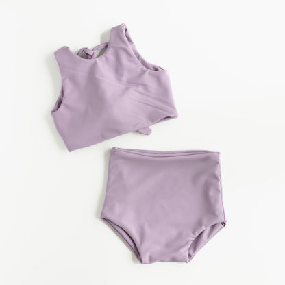 Girls Two-Piece Swimsuit | High Waist Bottoms & Long Top | Handmade in USA | Lilac Purple