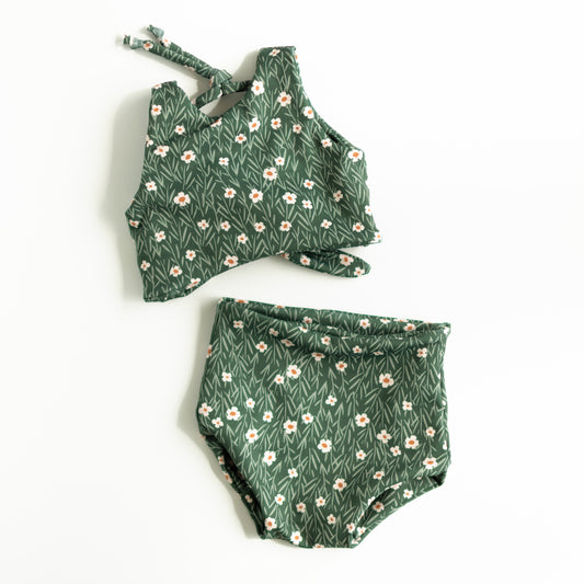 Girls Two-Piece Swimsuit | High Waist Bottoms & Long Top | Handmade in USA | Green Flower Print