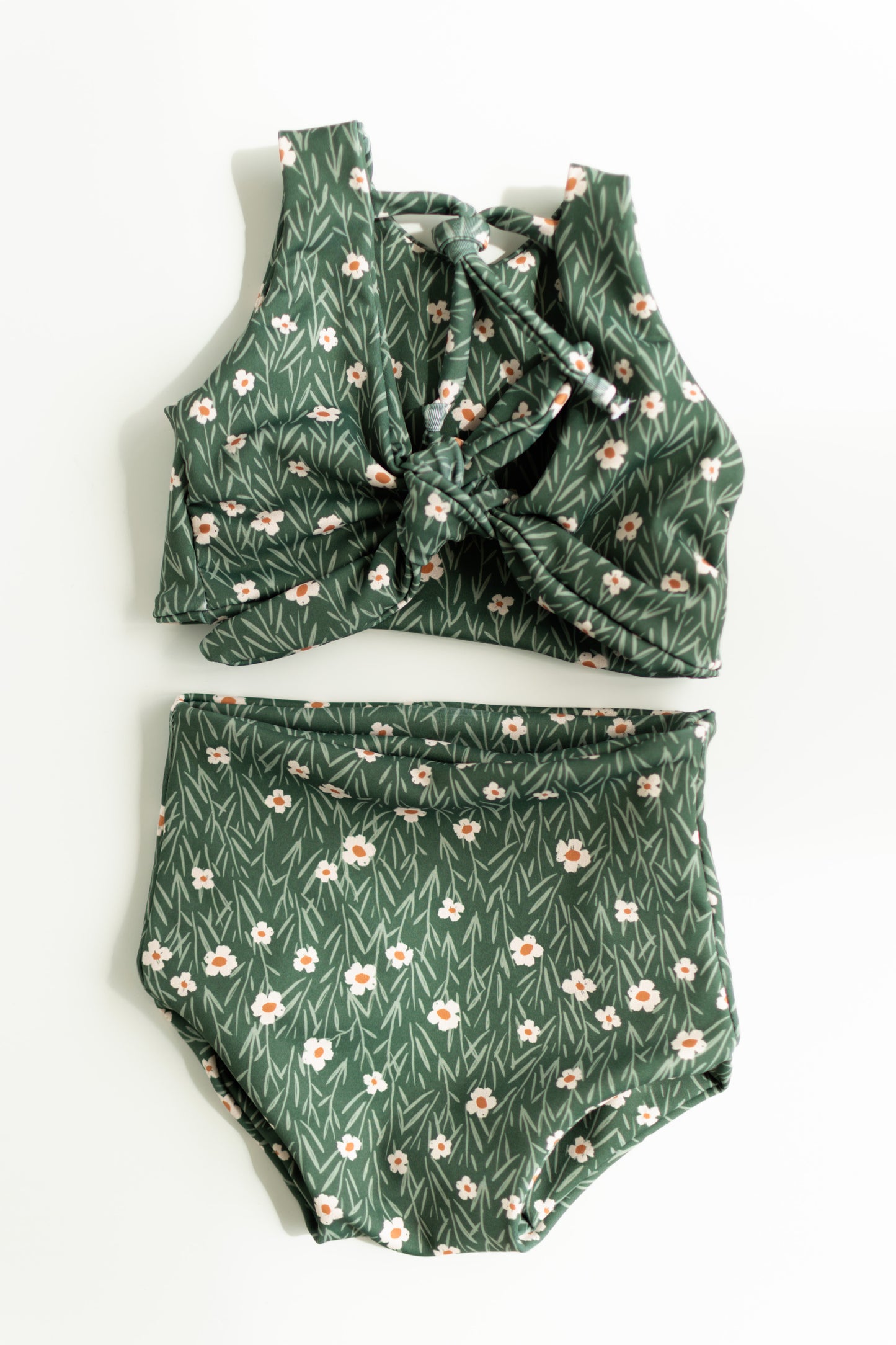 Girls Two-Piece Swimsuit | High Waist Bottoms & Long Top | Handmade in USA | Green Flower Print