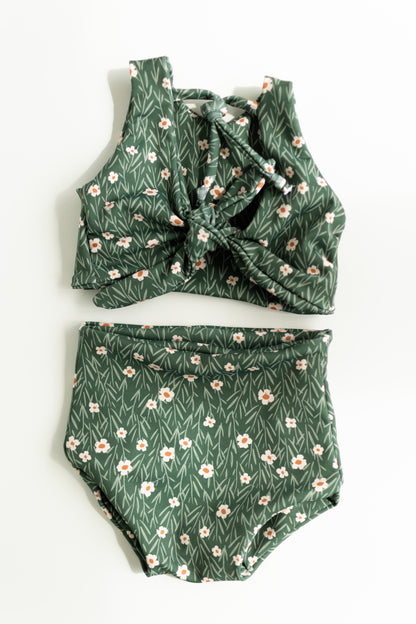 Girls Two-Piece Swimsuit | High Waist Bottoms & Long Top | Handmade in USA | Green Flower Print