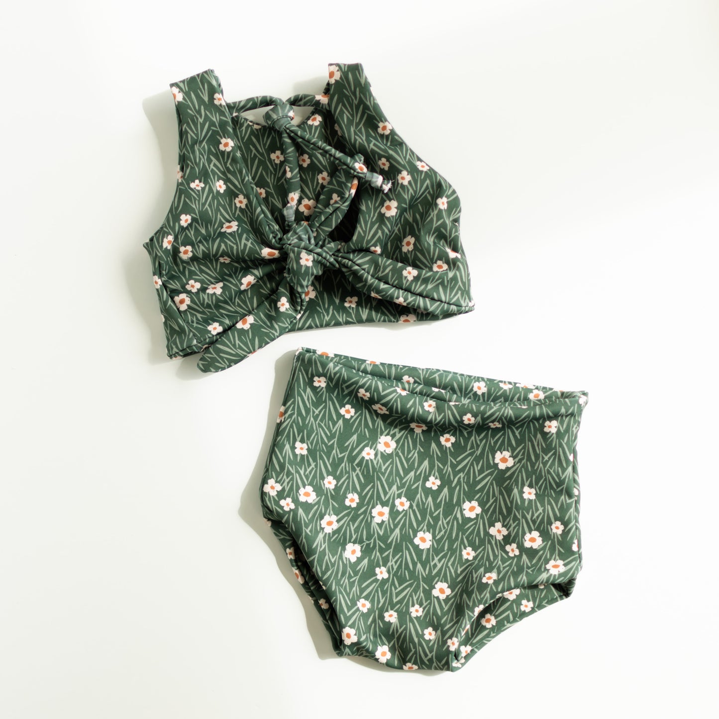 Girls Two-Piece Swimsuit | High Waist Bottoms & Long Top | Handmade in USA | Green Flower Print