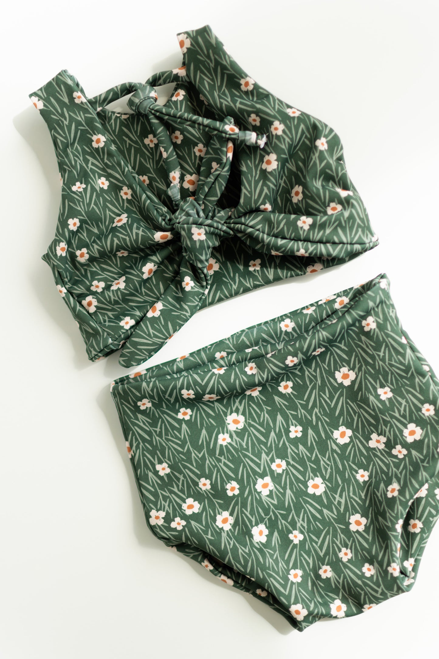 Girls Two-Piece Swimsuit | High Waist Bottoms & Long Top | Handmade in USA | Green Flower Print