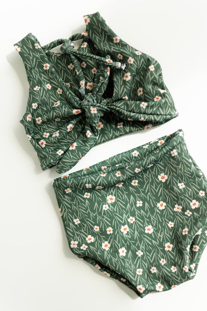Girls Two-Piece Swimsuit | High Waist Bottoms & Long Top | Handmade in USA | Green Flower Print