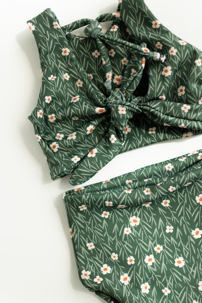 Girls Two-Piece Swimsuit | High Waist Bottoms & Long Top | Handmade in USA | Green Flower Print
