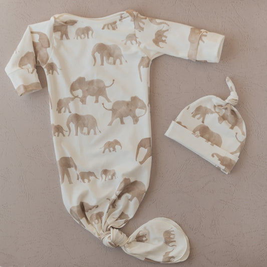 Elephant Baby Knotted Gown and Hat Set