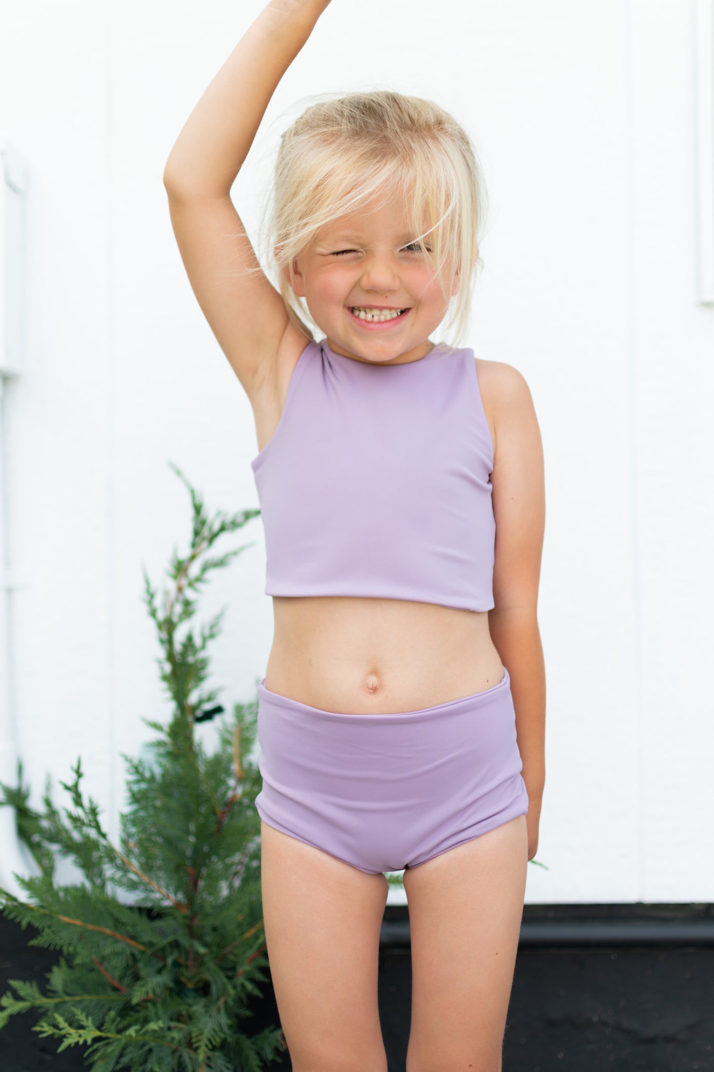 Girls Two-Piece Swimsuit | High Waist Bottoms & Long Top | Handmade in USA | Lilac Purple