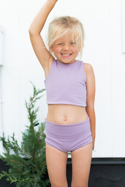 Girls Two-Piece Swimsuit | High Waist Bottoms & Long Top | Handmade in USA | Lilac Purple