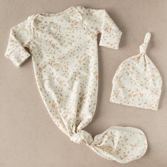 Moon and Star Baby Knotted Gown and Hat Set