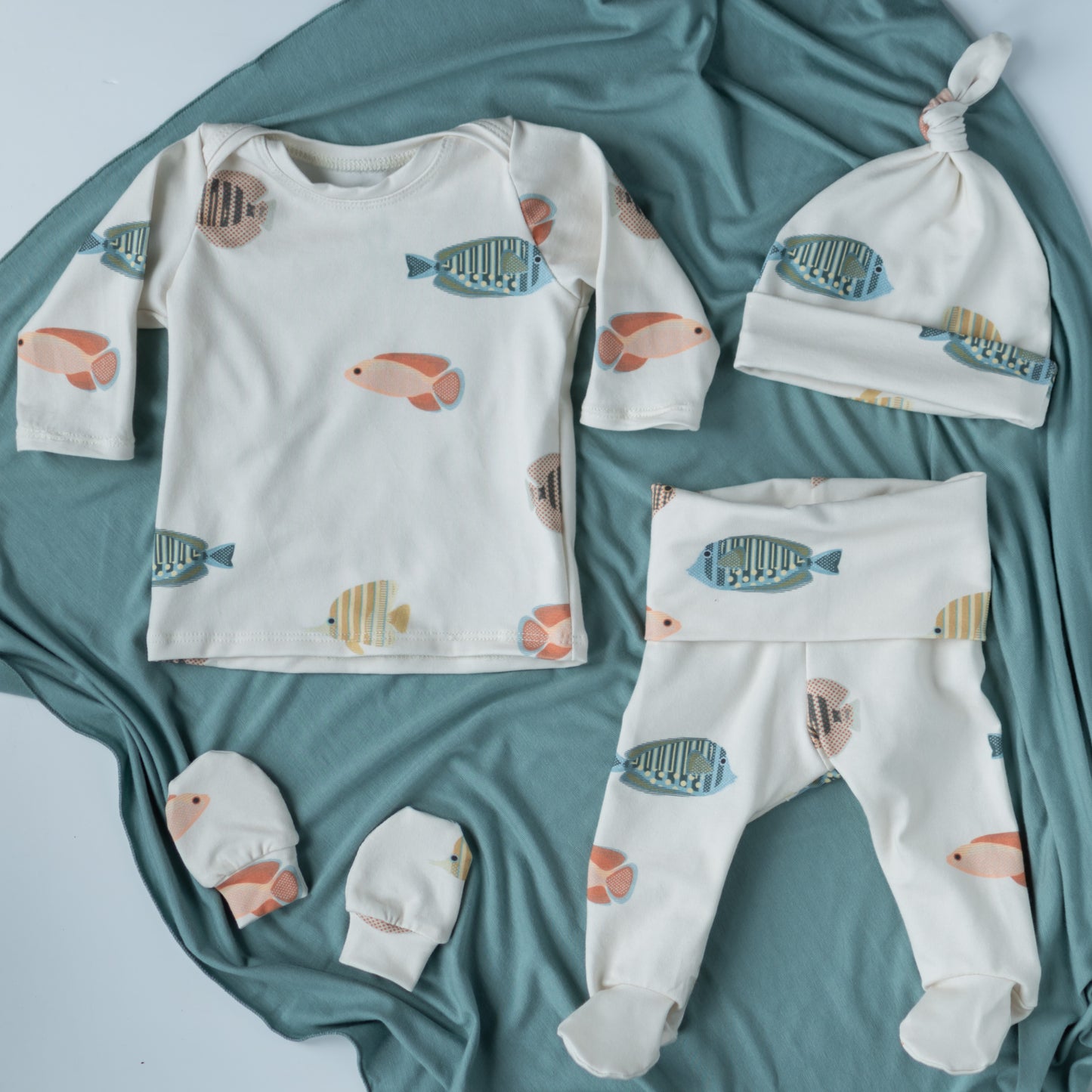 Fish Baby Outfit Set Pants Shirt Hat and Mittens