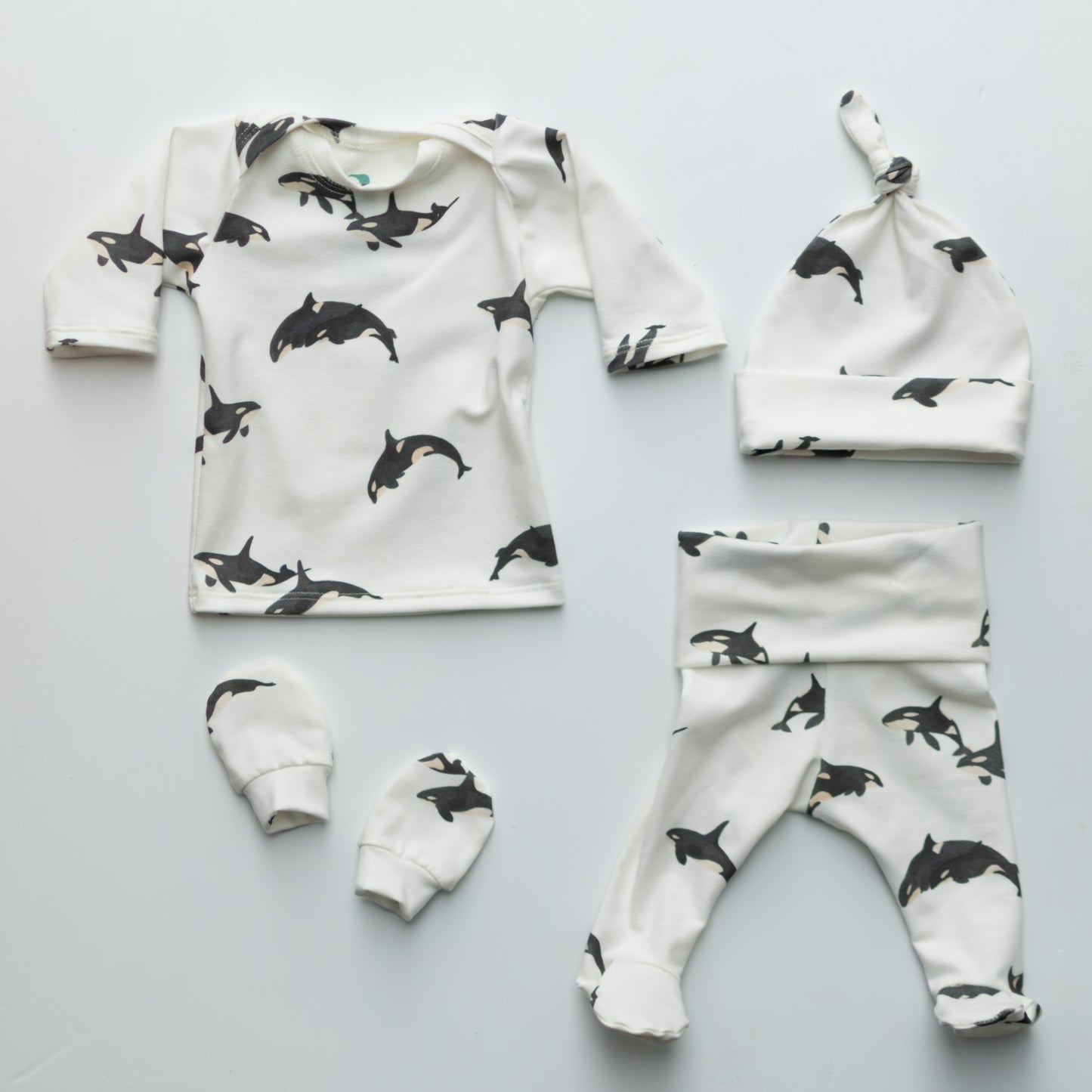 Orca Whale Baby Outfit Set Pants Shirt Hat and Mittens