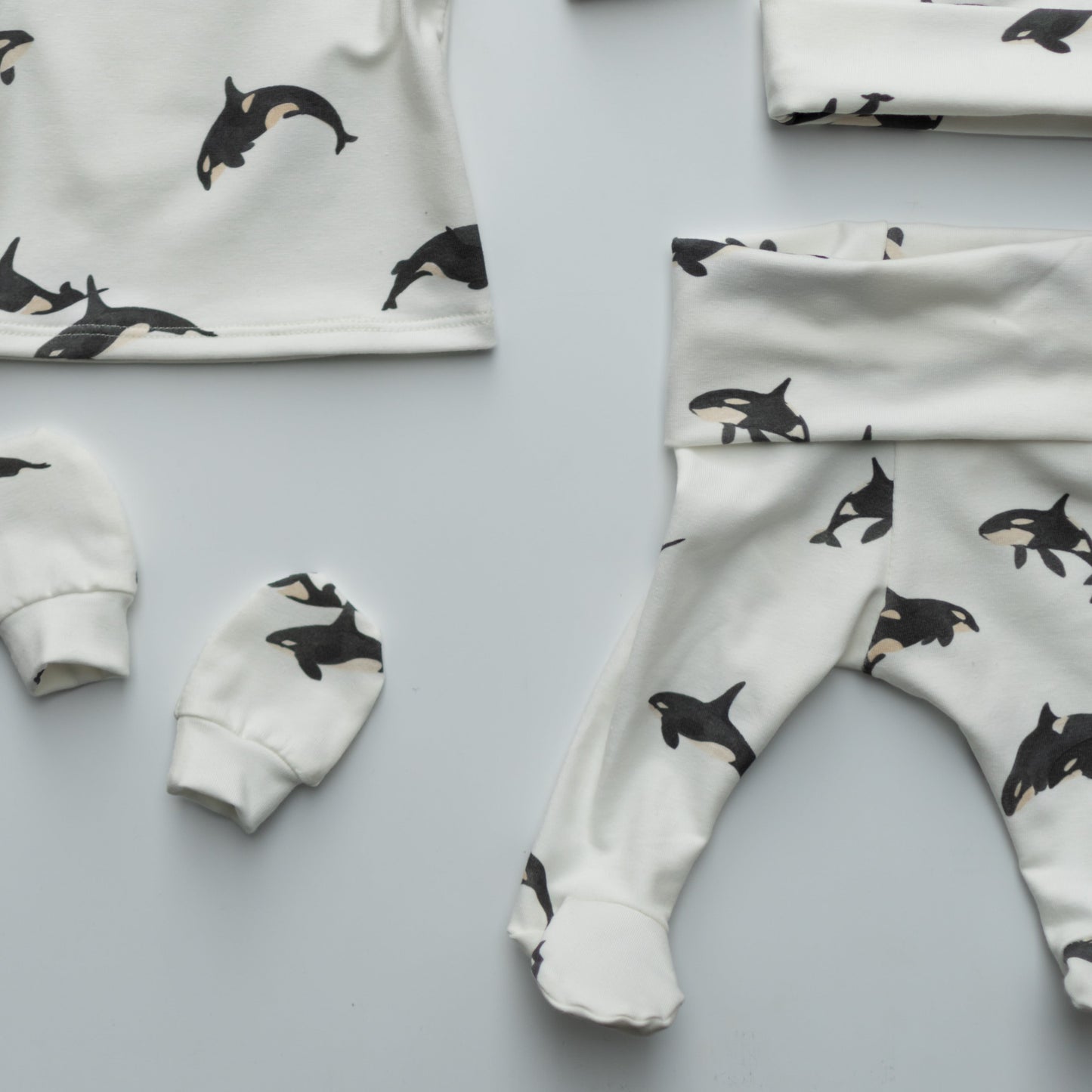 Orca Whale Baby Outfit Set Pants Shirt Hat and Mittens