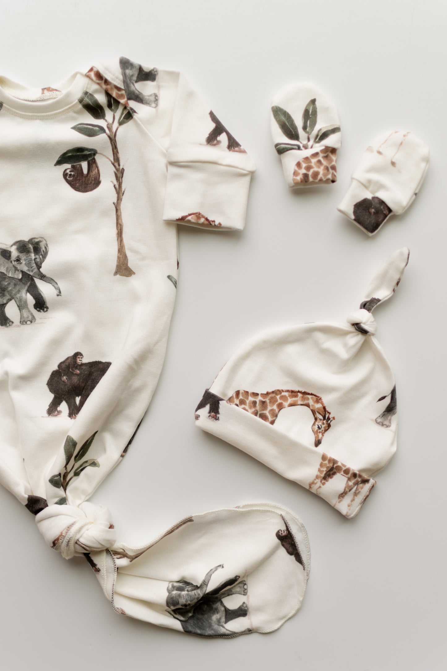 Safari Baby Knotted Gown and Hat Set