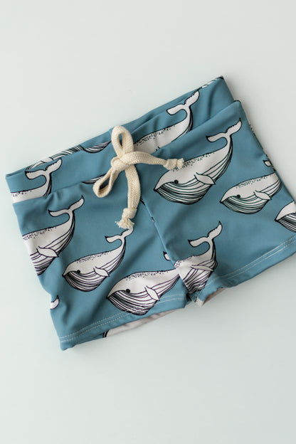 Blue Whale Print Boy Swim Shorts, European Style Swimwear