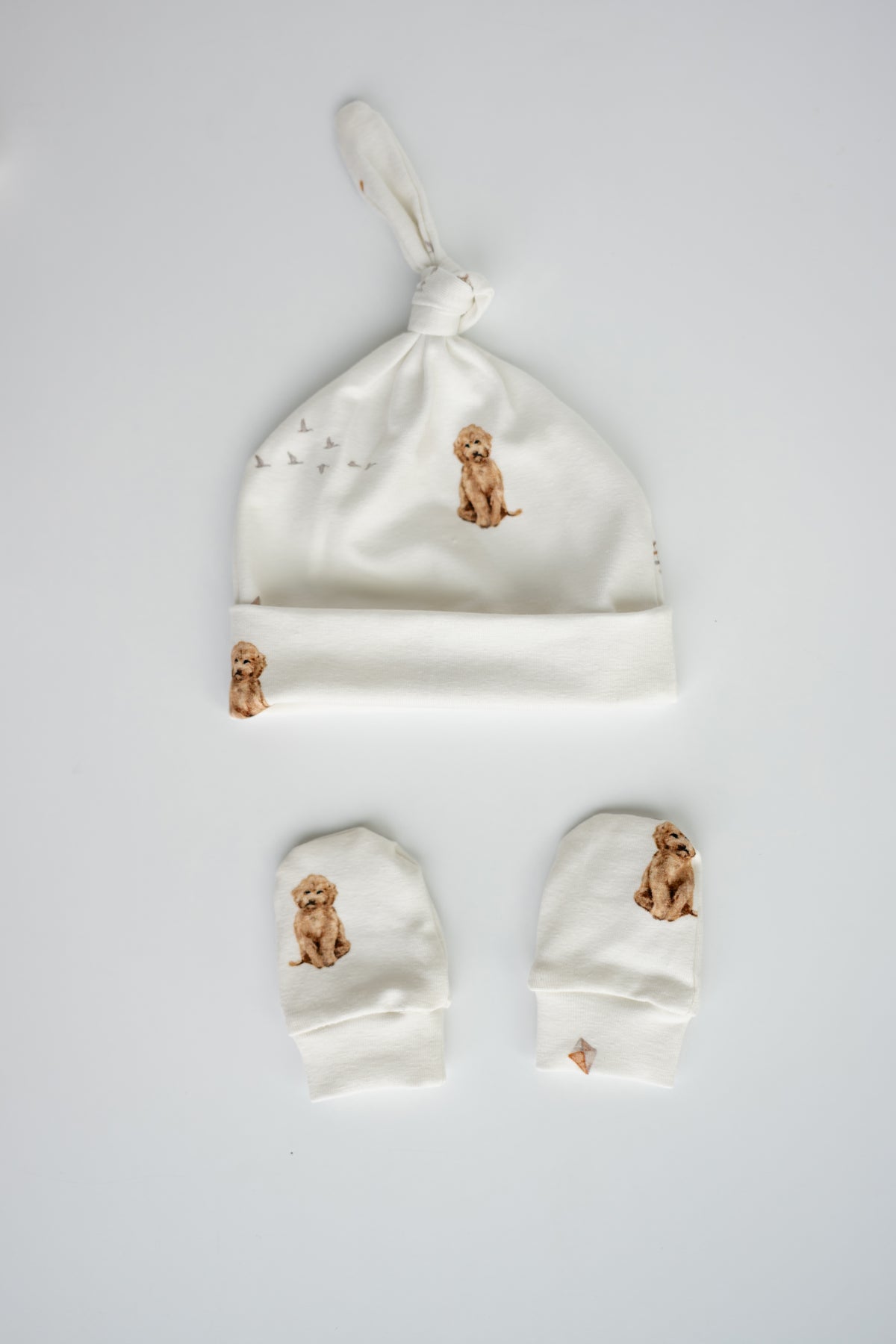 Organic Baby Outfit Set | Handmade Newborn Clothes | Labradoodle Dog Print | Pants, Shirt, Hat & Mittens