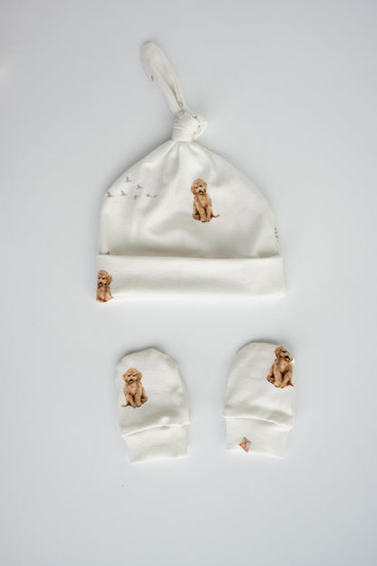 Organic Baby Outfit Set | Handmade Newborn Clothes | Labradoodle Dog Print | Pants, Shirt, Hat & Mittens