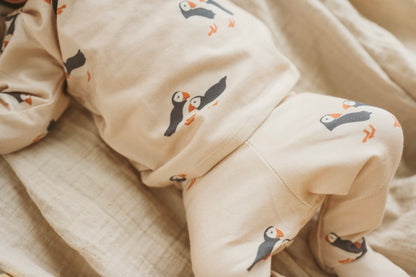 Organic Baby Outfit Set | Handmade Newborn Clothes | Puffin Print | Pants, Shirt, Hat & Mittens