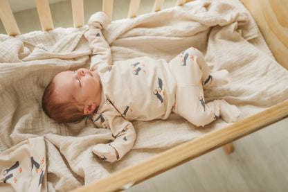 Organic Baby Outfit Set | Handmade Newborn Clothes | Puffin Print | Pants, Shirt, Hat & Mittens