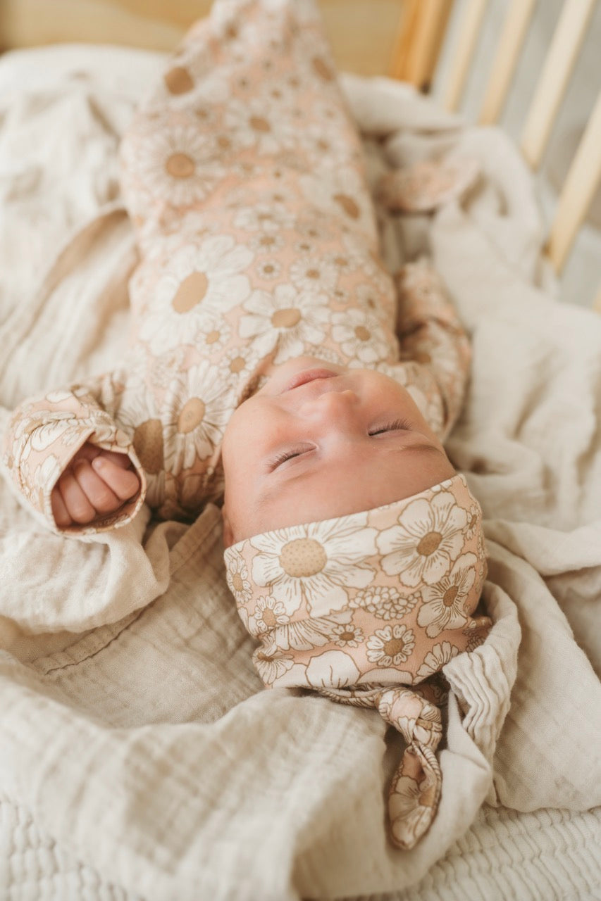 Organic Newborn Knotted Gown & Hat Set | Handmade in USA | OEKO-TEX Baby Clothing | Flower Print