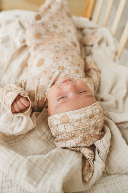 Organic Newborn Knotted Gown & Hat Set | Handmade in USA | OEKO-TEX Baby Clothing | Flower Print