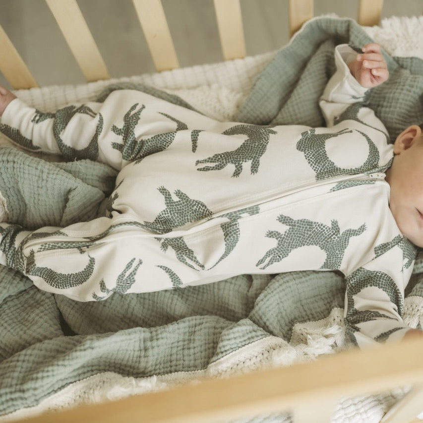Organic Baby Zip Romper | Long Sleeve One Piece | Handmade in USA | Crocodile Print