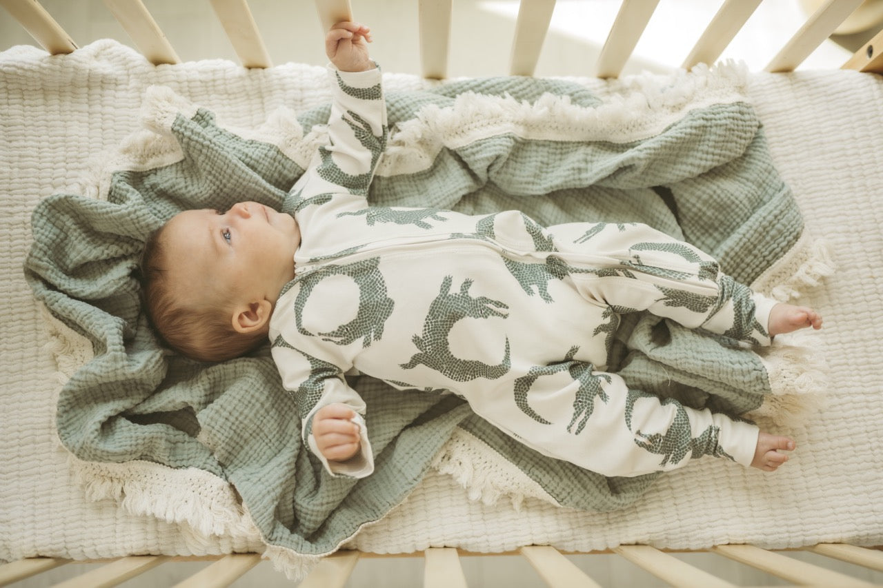 Organic Baby Zip Romper | Long Sleeve One Piece | Handmade in USA | Crocodile Print
