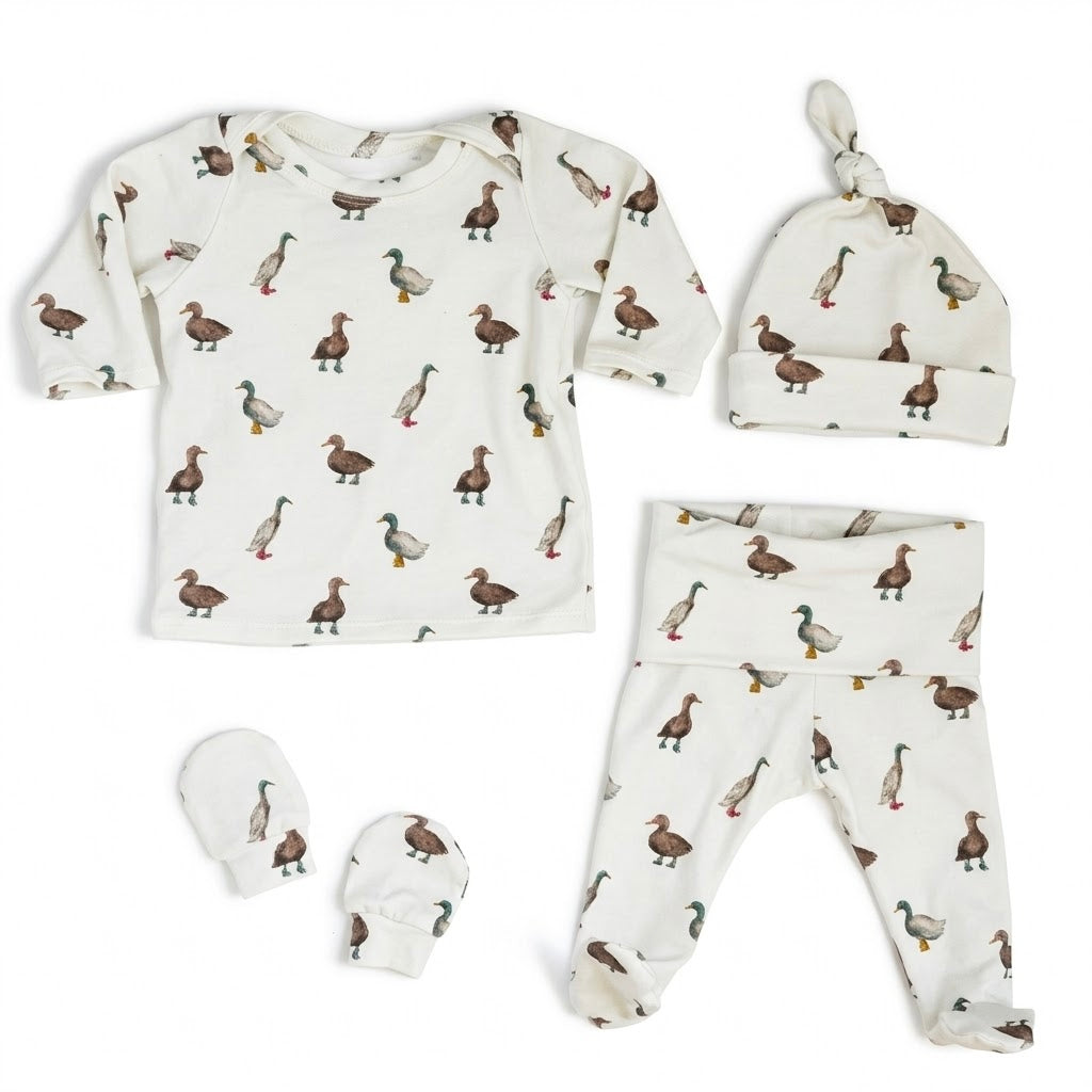 Organic Baby Outfit Set | Handmade Newborn Clothes | Duck in Boots Print | Pants, Shirt, Hat & Mittens